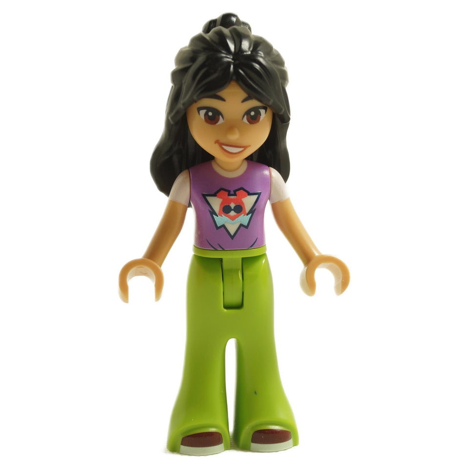 LEGO Friends minifigure Liann with purple top and lime green pants.