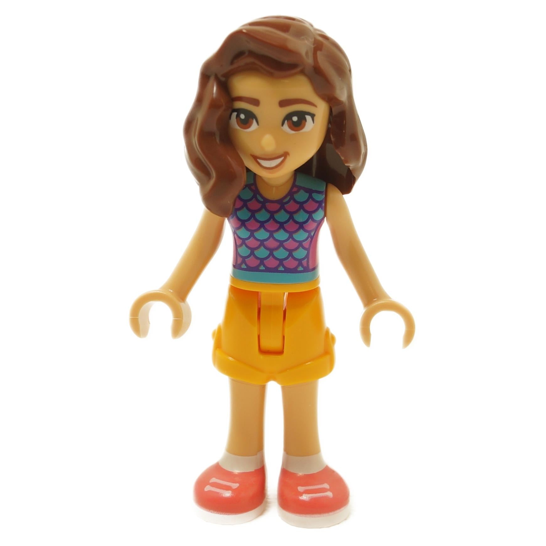 LEGO® Friends Luna mini-doll frnd637 with brown hair, turquoise scale-pattern top, yellow skirt and coral shoes