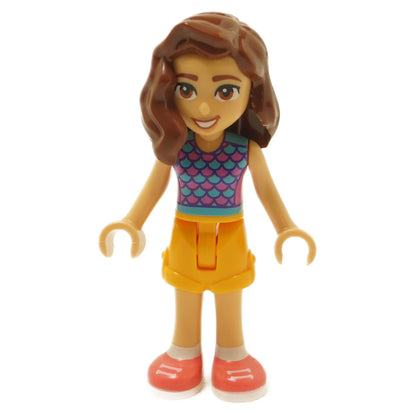 LEGO® Friends Luna mini-doll frnd637 with brown hair, turquoise scale-pattern top, yellow skirt and coral shoes