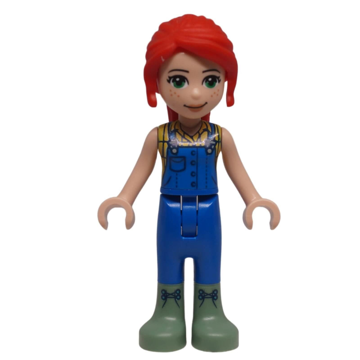 LEGO® Friends Mia mini-doll frnd0497 front view with ponytail, printed overalls and tall boots