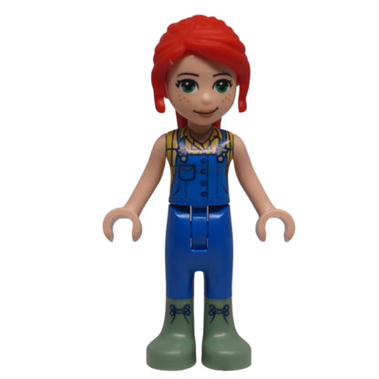 LEGO® Friends Mia mini-doll frnd0497 front view with ponytail, printed overalls and tall boots