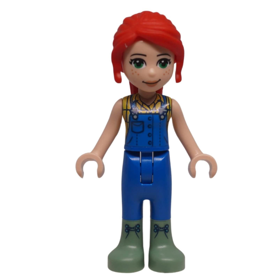 LEGO® Friends Mia mini-doll frnd0497 front view with ponytail, printed overalls and tall boots