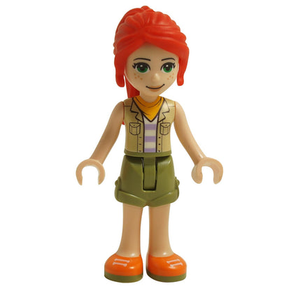 LEGO Friends Mia minifigure with red ponytail, wearing a safari-inspired outfit with olive green shorts, beige vest, and vibrant orange shoes.
