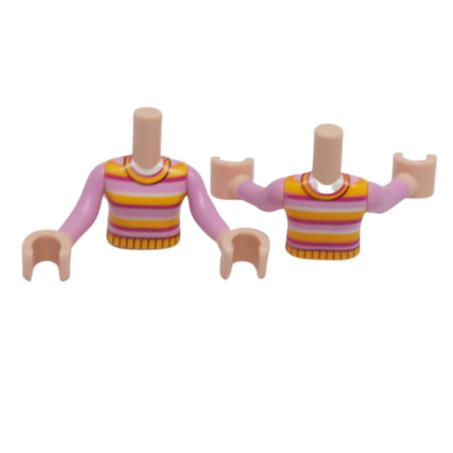 LEGO Friends mini-doll torso FTGpb489c01 with bright pink, magenta, white and yellow striped sweater and bright pink sleeves shown from front and back