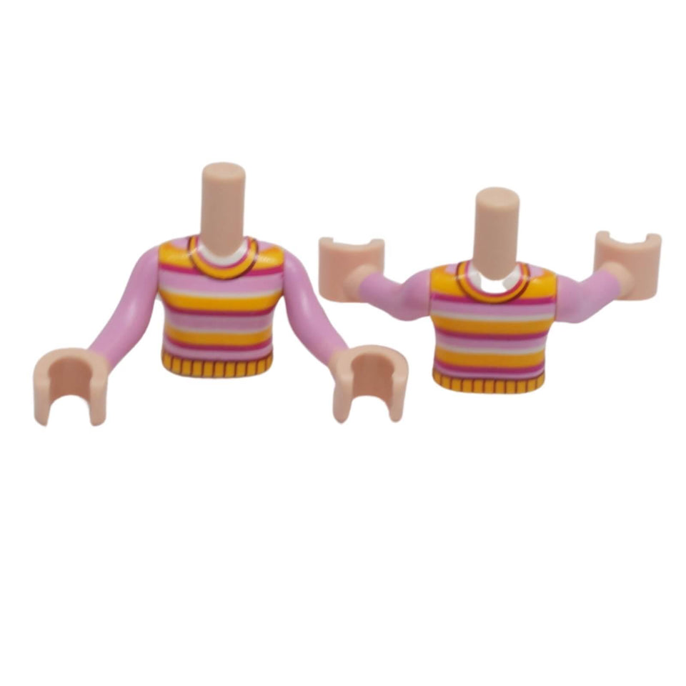 LEGO Friends mini-doll torso FTGpb489c01 with bright pink, magenta, white and yellow striped sweater and bright pink sleeves shown from front and back