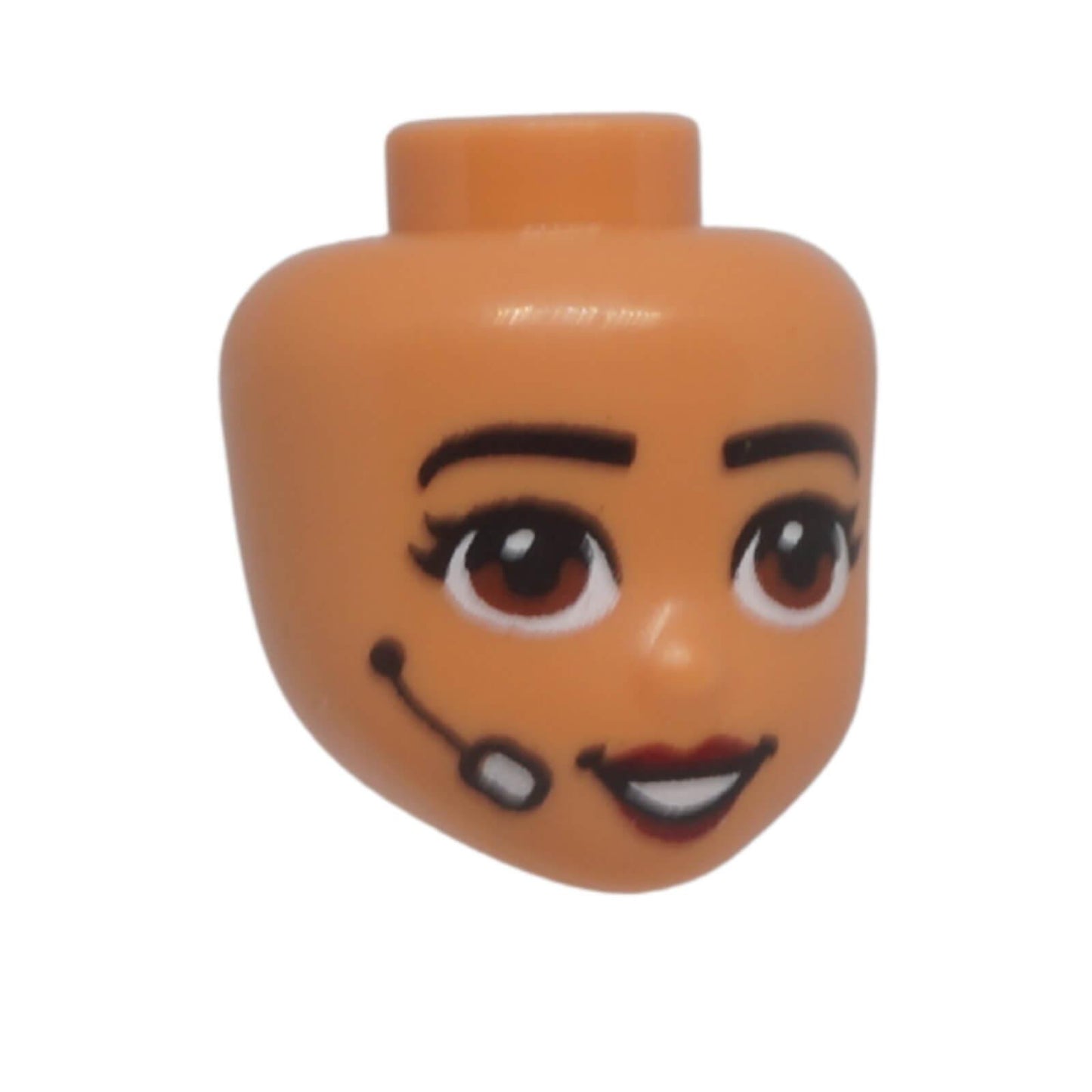 LEGO® Friends mini doll head 1455 with reddish brown eyes, smiling expression and printed headset microphone