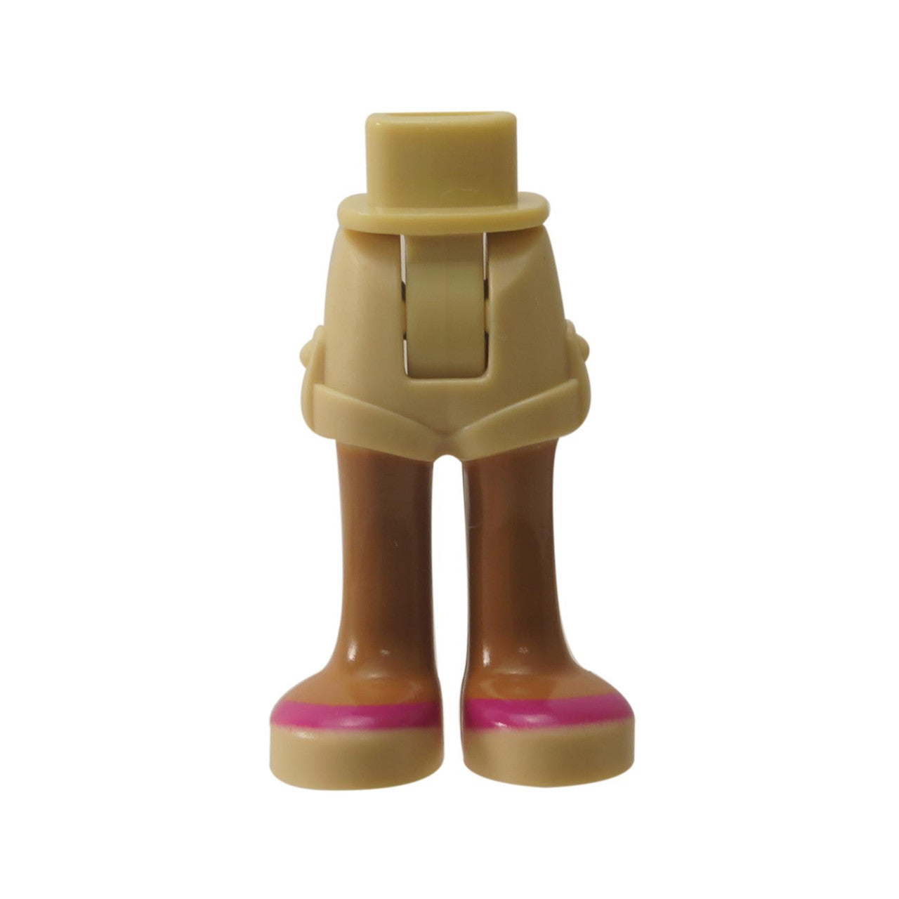 Tan shorts and medium nougat legs 11202c00pb04 with magenta-striped shoes.