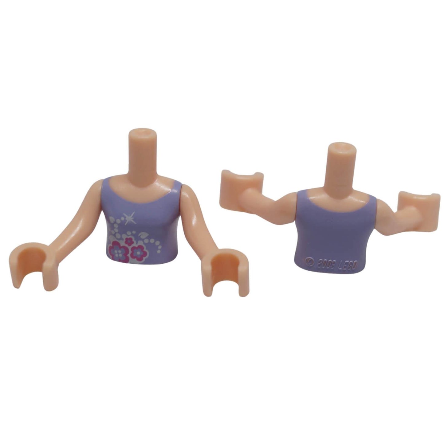 LEGO Friends mini-doll torso FTGpb001c01 with lavender floral top and light nougat arms shown from front and back