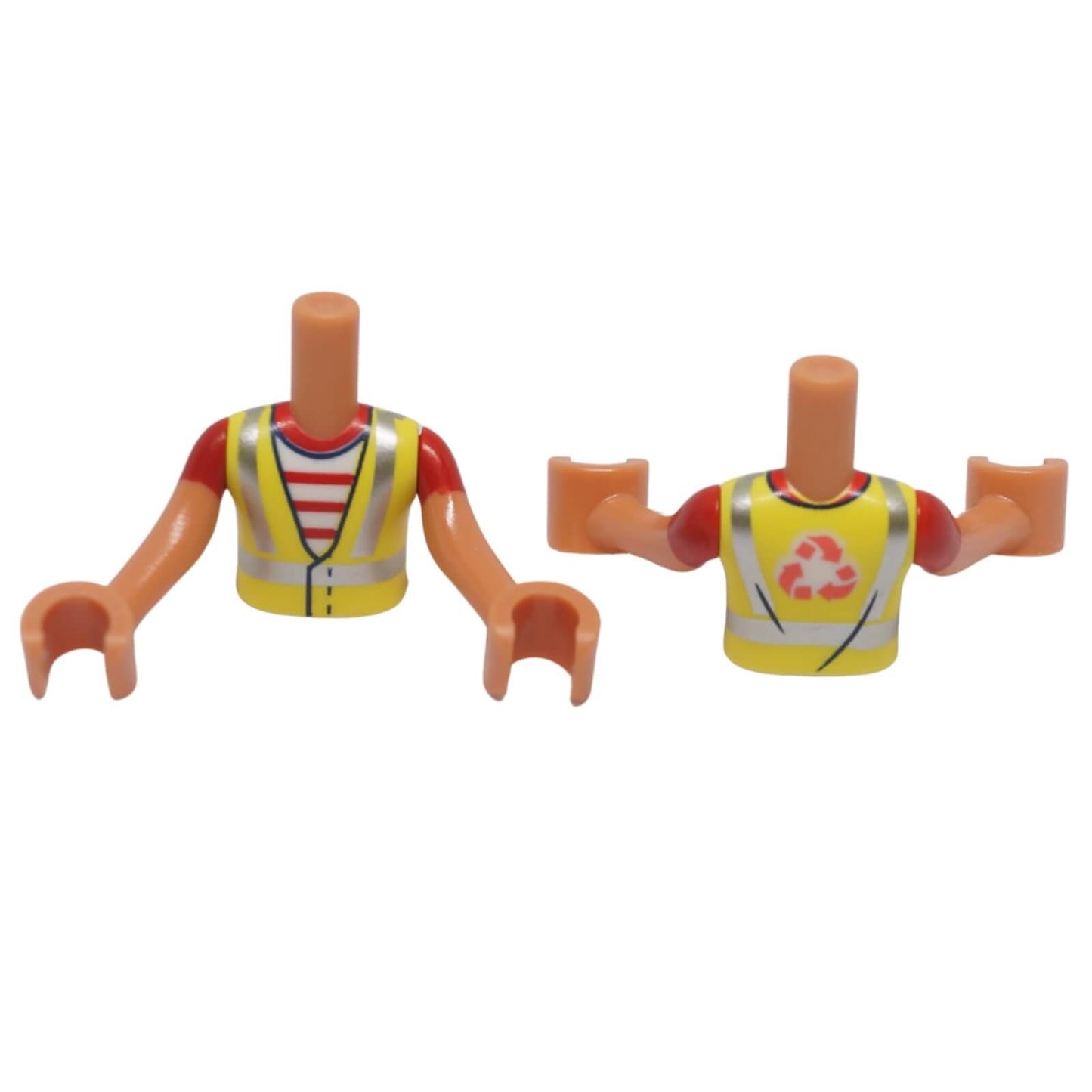 LEGO Friends mini-doll torso FTBpb075c01 with neon yellow safety vest, recycling logo, red sleeves and light nougat arms shown from front and back