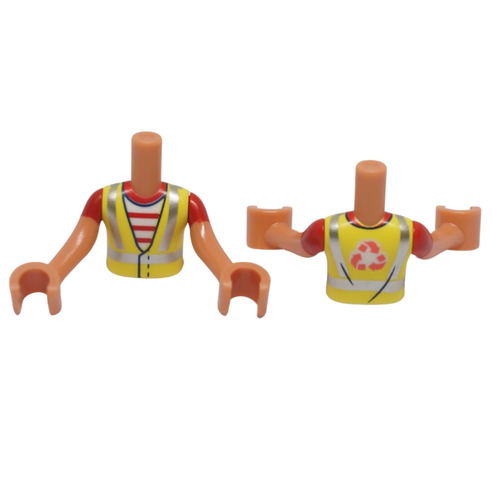 LEGO Friends mini-doll torso FTBpb075c01 with neon yellow safety vest, recycling logo, red sleeves and light nougat arms shown from front and back