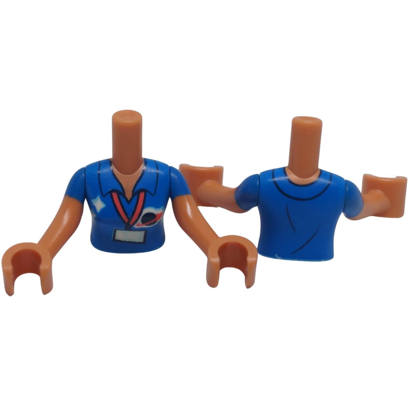 LEGO Friends mini-doll torso FTWpb363c01 with blue Classic Space shirt, name badge, blue short sleeves and nougat arms shown front and back
