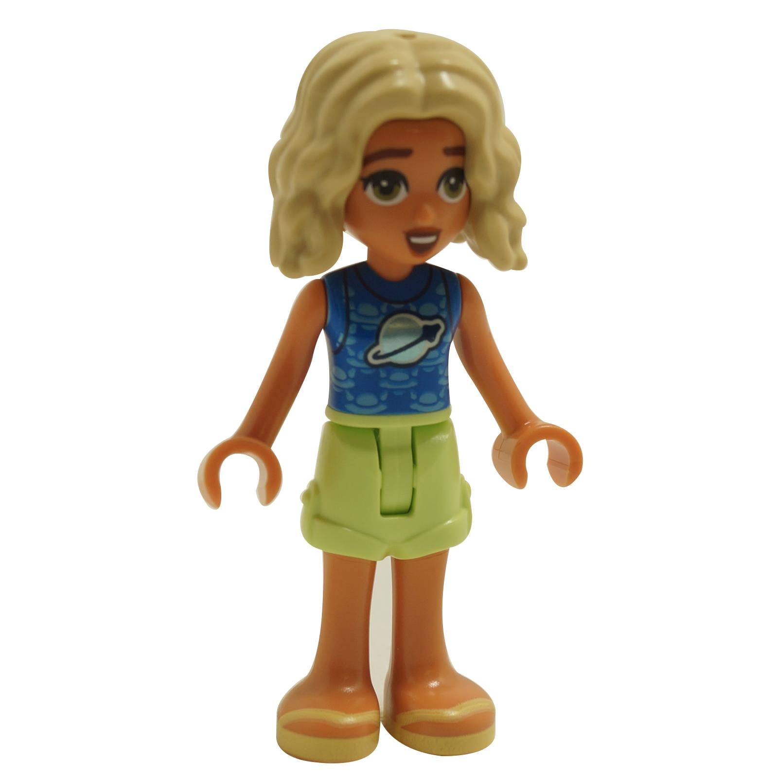 LEGO® Friends Nova mini-doll wearing a blue shirt with classic space logo and casual outfit
