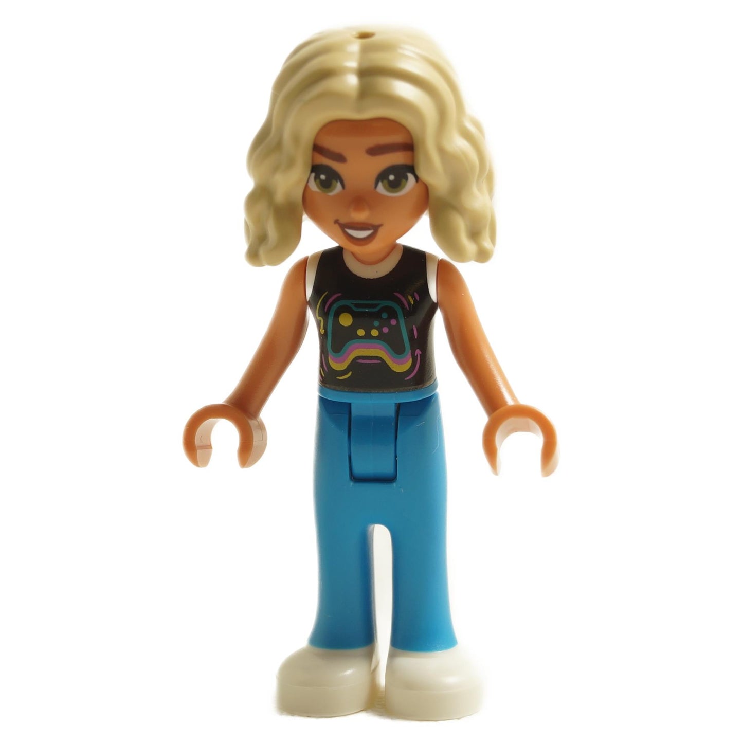 LEGO Friends minifigure Nova with a graphic gaming tank top, blue pants, and white shoes.