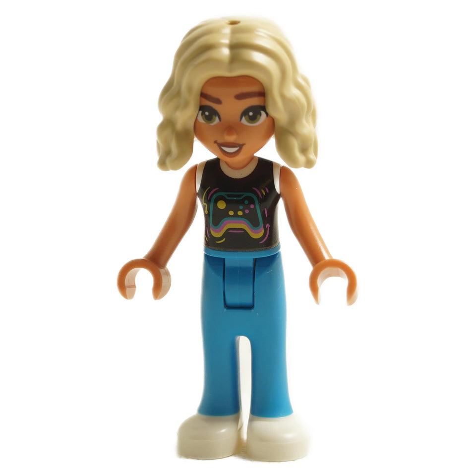 LEGO Friends minifigure Nova with a graphic gaming tank top, blue pants, and white shoes.