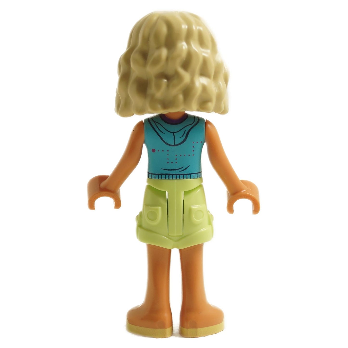 Back view of LEGO Friends Nova mini-doll with blonde hair wearing medium azure sleeveless hoodie and light green shorts