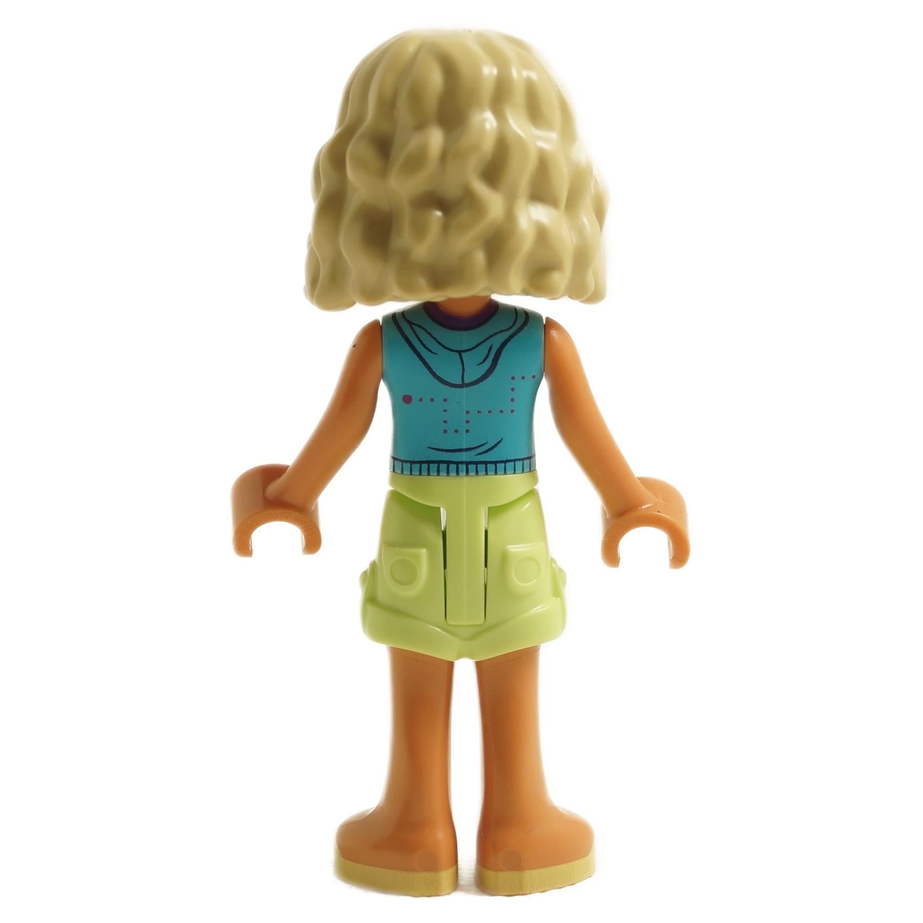 Back view of LEGO Friends Nova mini-doll with blonde hair wearing medium azure sleeveless hoodie and light green shorts