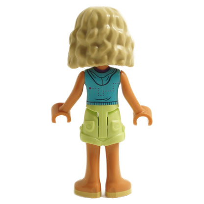 Back view of LEGO Friends Nova mini-doll with blonde hair wearing medium azure sleeveless hoodie and light green shorts