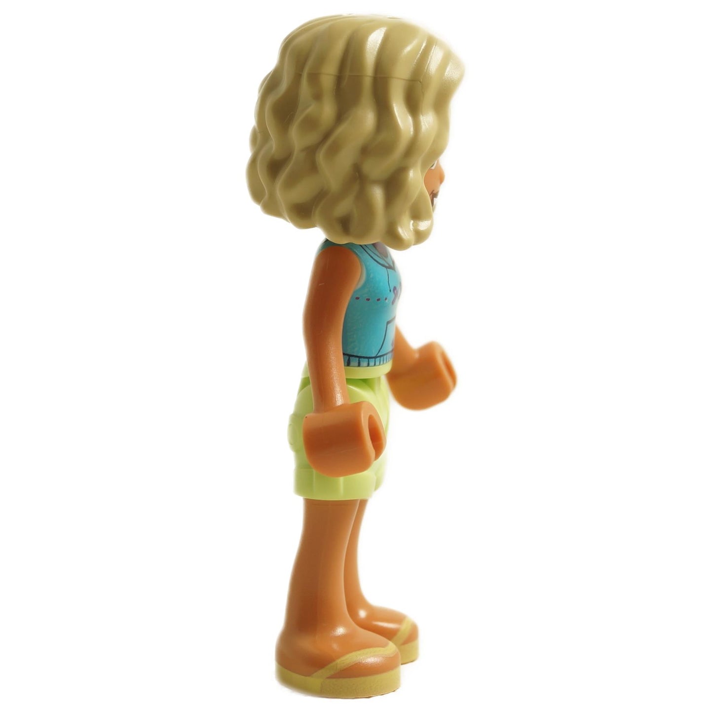 Side view of LEGO Friends Nova mini-doll with blonde hair wearing medium azure sleeveless hoodie and light green shorts