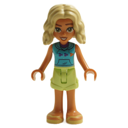 LEGO Friends Nova mini-doll wearing medium azure sleeveless hoodie with light green shorts and blonde hair