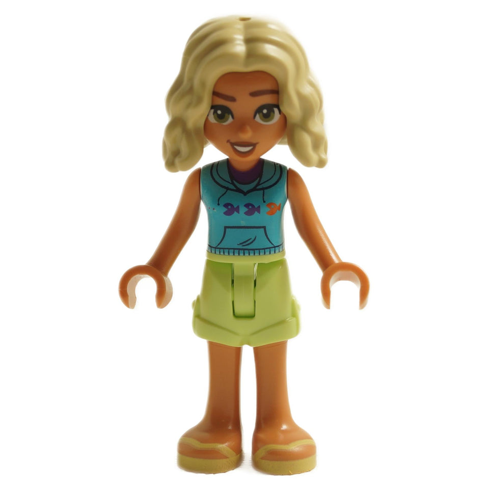 LEGO Friends Nova mini-doll wearing medium azure sleeveless hoodie with light green shorts and blonde hair