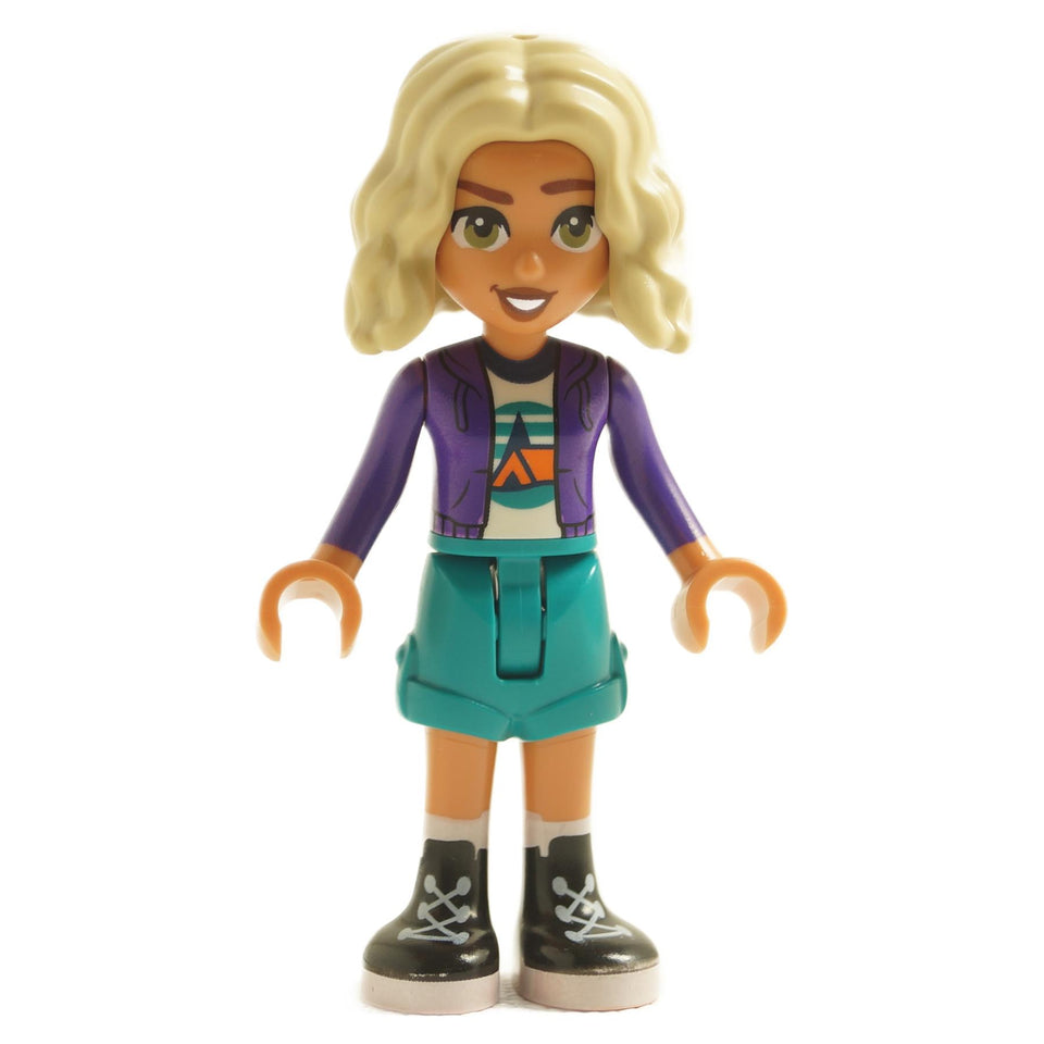 front view of LEGO Friends Nova mini doll with blonde hair wearing dark purple hoodie printed t-shirt teal skirt and black shoes

