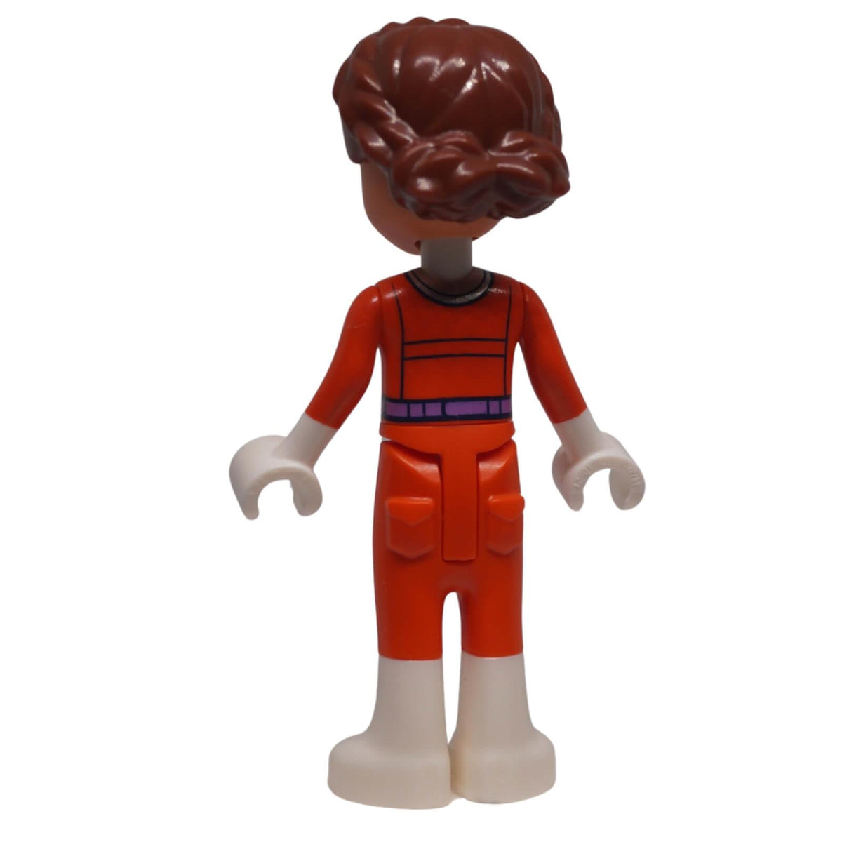 LEGO® Friends Olivia astronaut mini-doll frnd0692 back view showing gathered hairstyle and rear suit printing