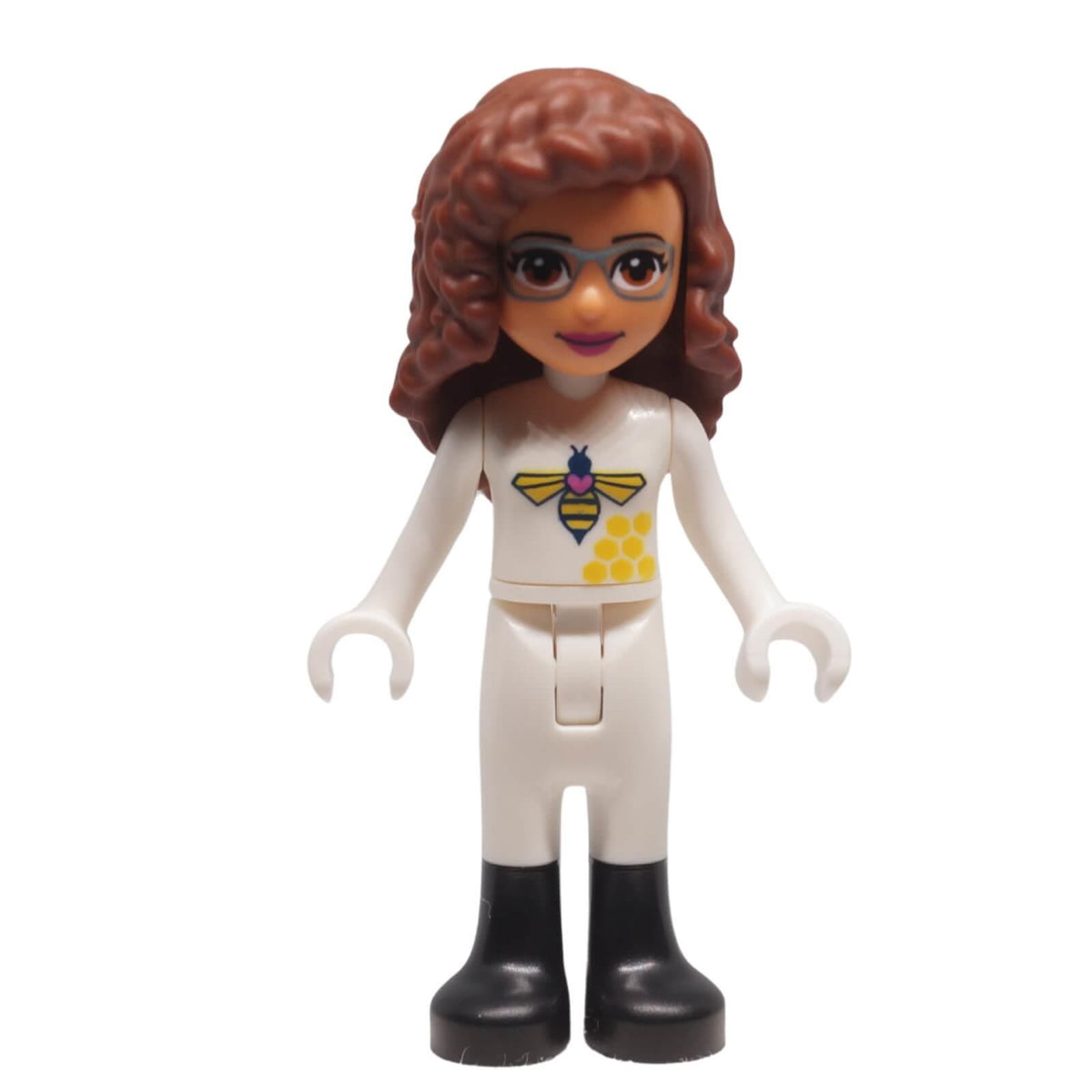 LEGO® Friends Olivia mini-doll frnd0498 front view with glasses, bee-print top and tall boots