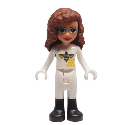LEGO® Friends Olivia mini-doll frnd0498 front view with glasses, bee-print top and tall boots