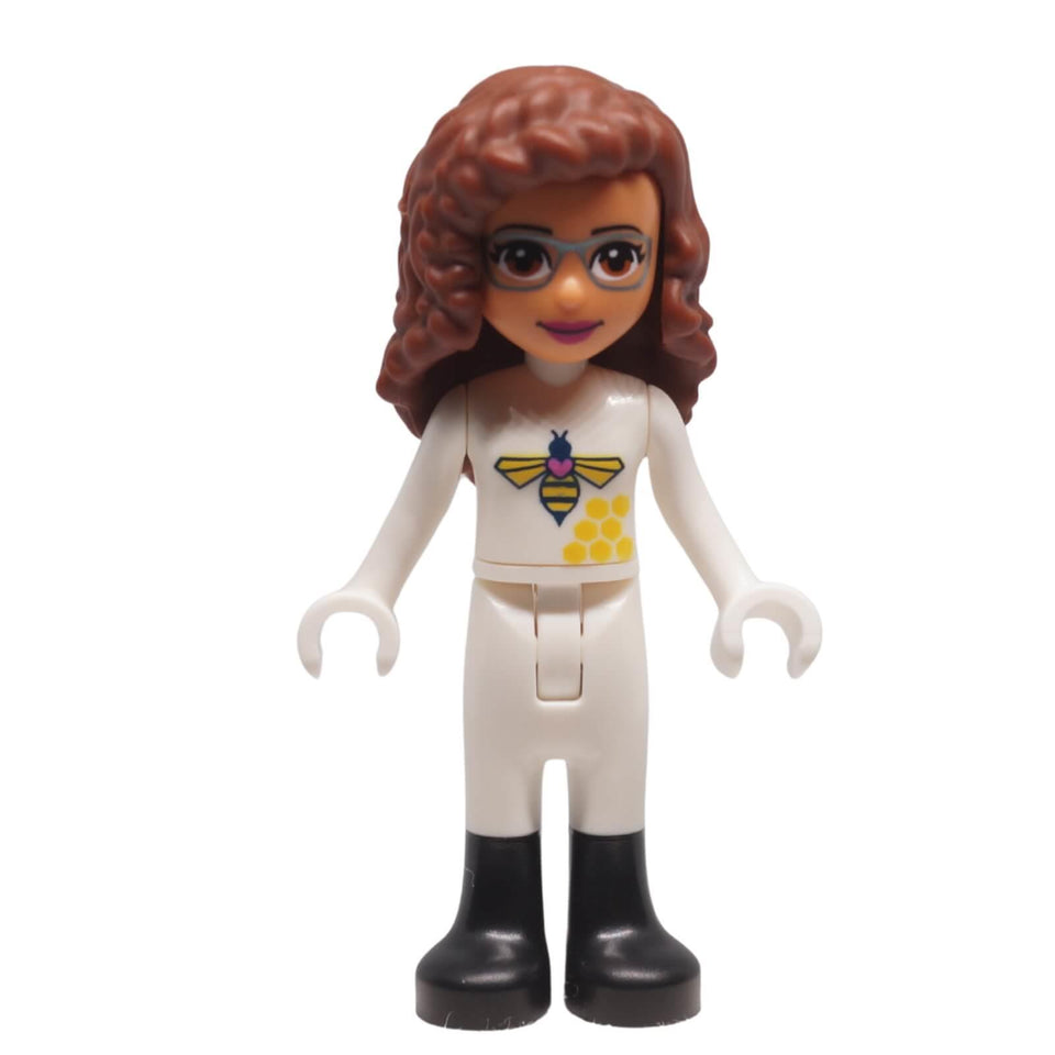 LEGO® Friends Olivia mini-doll frnd0498 front view with glasses, bee-print top and tall boots