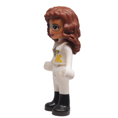 LEGO® Friends Olivia mini-doll frnd0498 side view with glasses, textured hair and bee-themed outfit