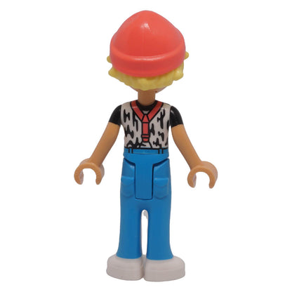 LEGO Friends Olly frnd0745 back view showing coral suspenders, patterned shirt and dark azure trousers