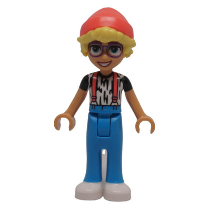 LEGO Friends Olly frnd0745 front view with coral hat, purple glasses and dark azure trousers