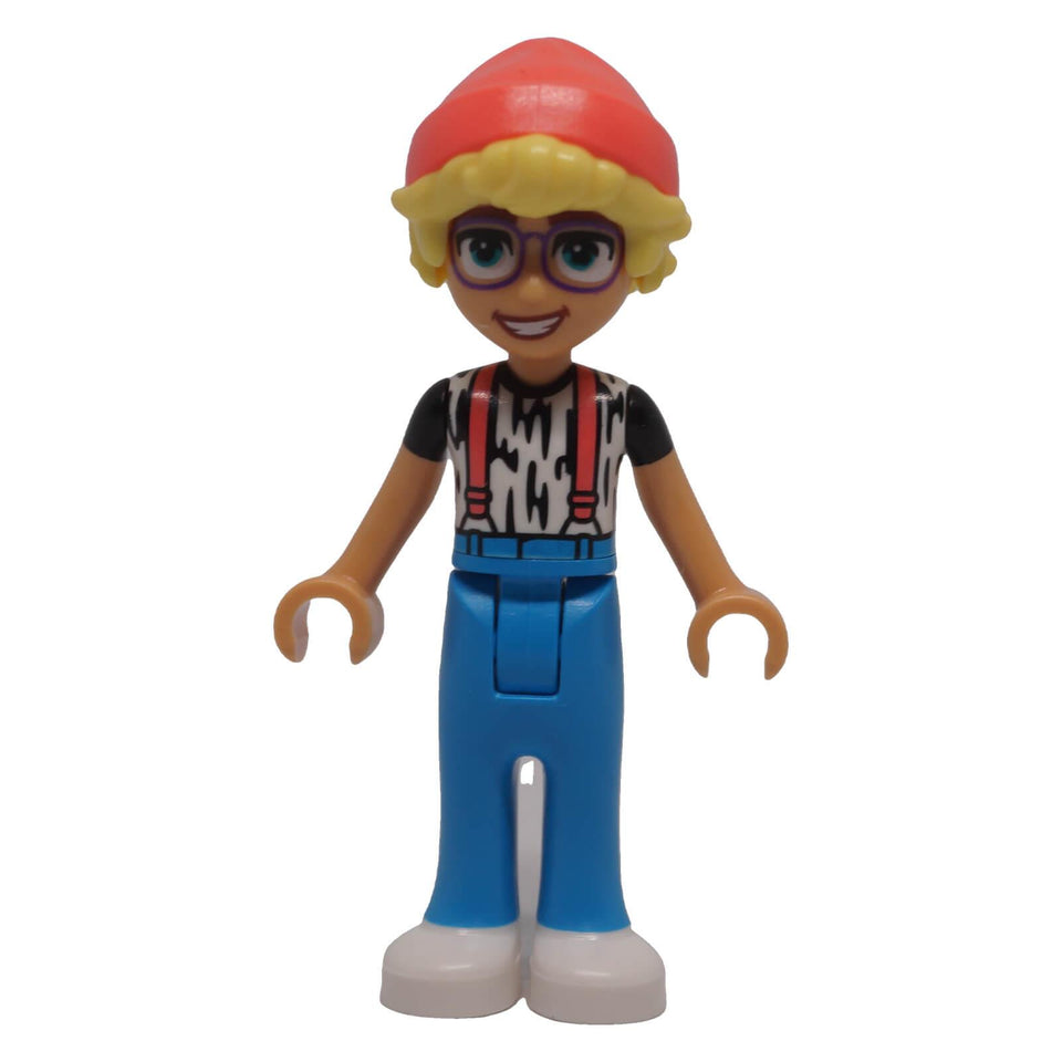 LEGO Friends Olly frnd0745 front view with coral hat, purple glasses and dark azure trousers