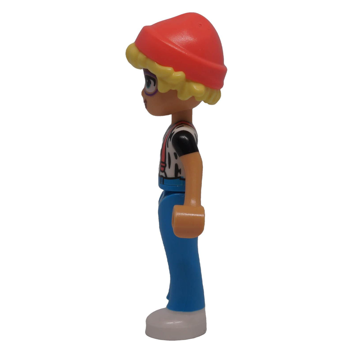 LEGO Friends Olly frnd0745 side view with blond hair, coral hat and patterned shirt