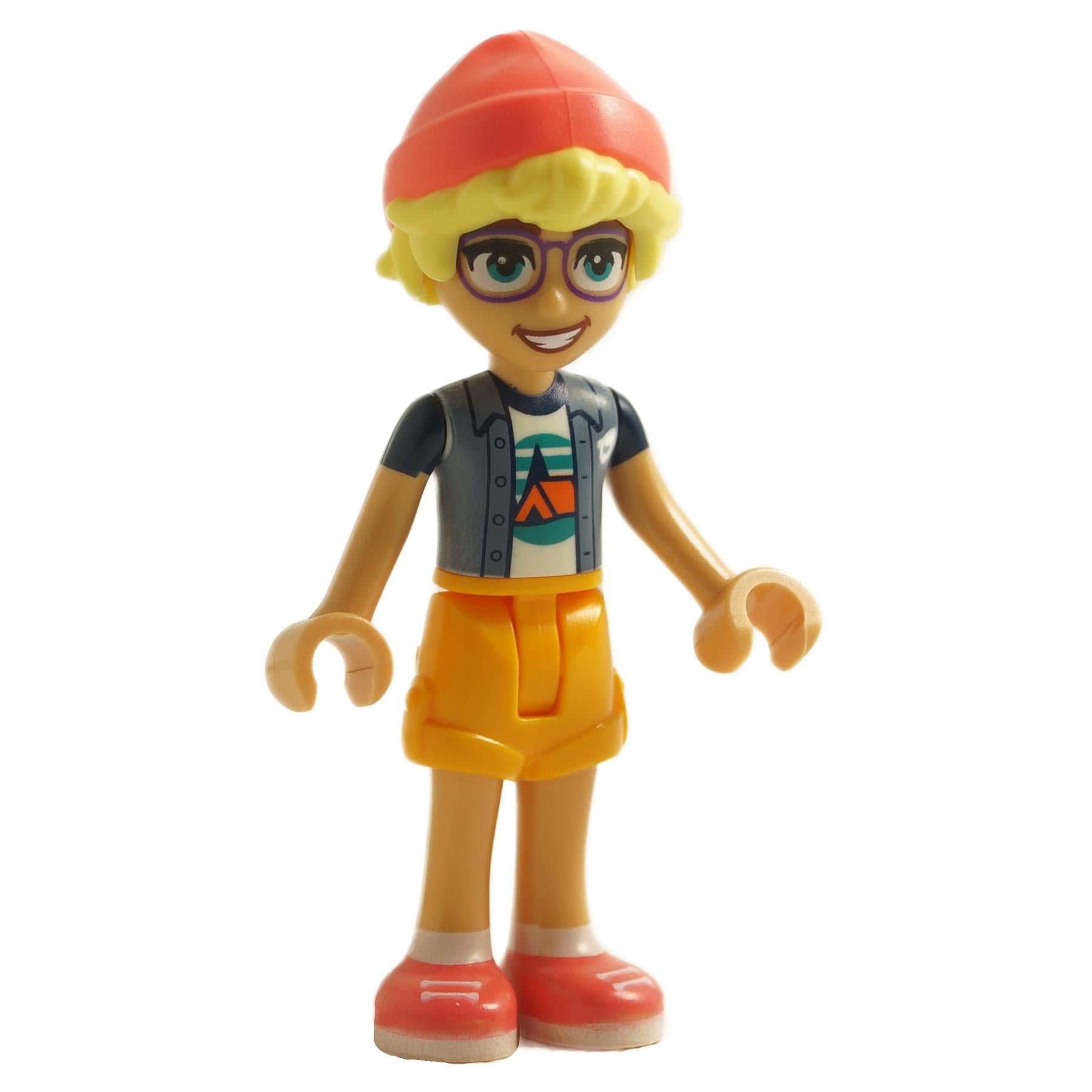 front view of LEGO Friends Olly mini doll with glasses yellow hair and red beanie wearing sand blue jacket orange shorts and red shoes
