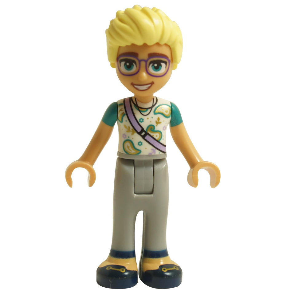 LEGO mini-doll figure with white paisley shirt, lavender shoulder bag, light Bluish gray trousers, and dark blue shoes.