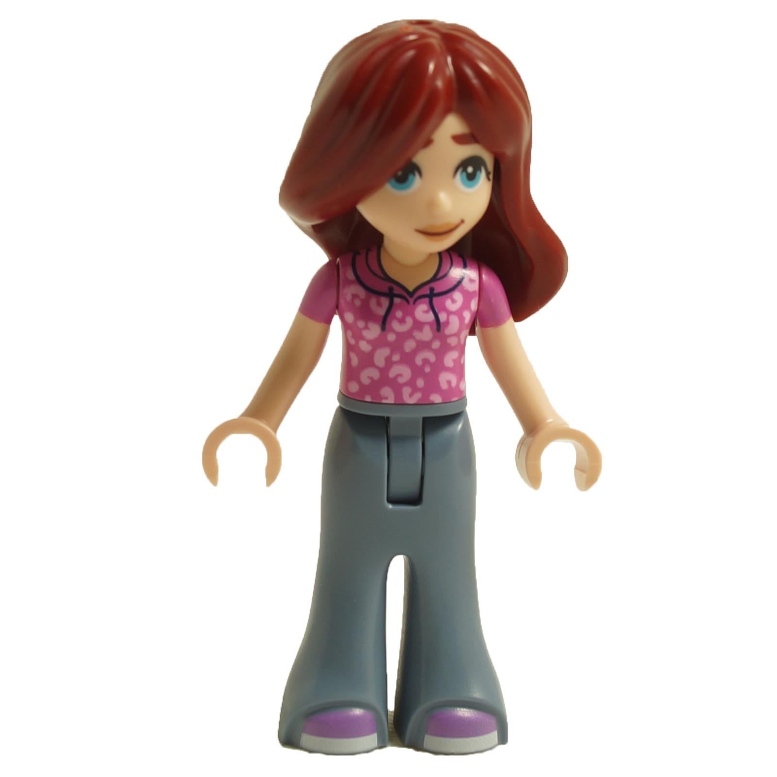 LEGO Friends Paisley minifigure with dark pink hoodie, sand blue trousers, and medium lavender shoes, featuring flowing red hair.