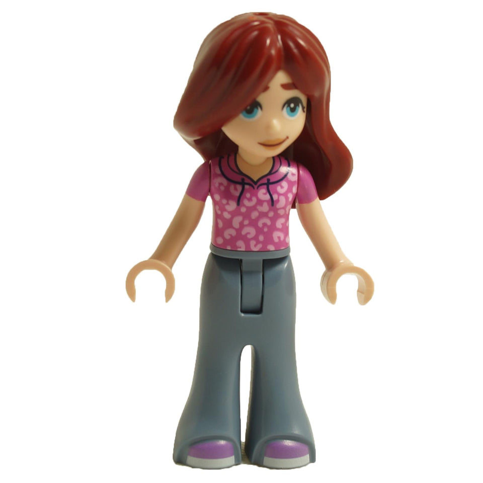 LEGO Friends Paisley minifigure with dark pink hoodie, sand blue trousers, and medium lavender shoes, featuring flowing red hair.