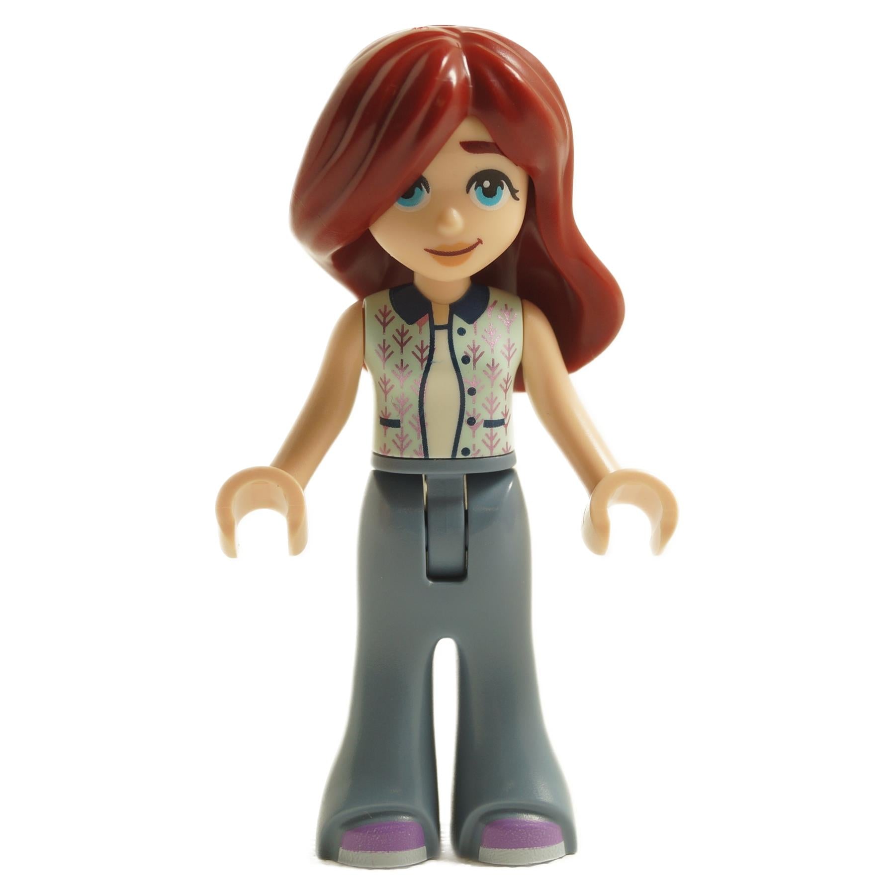 LEGO Friends minifigure Paisley with light aqua vest, grey bell-bottom pants, and purple shoes.