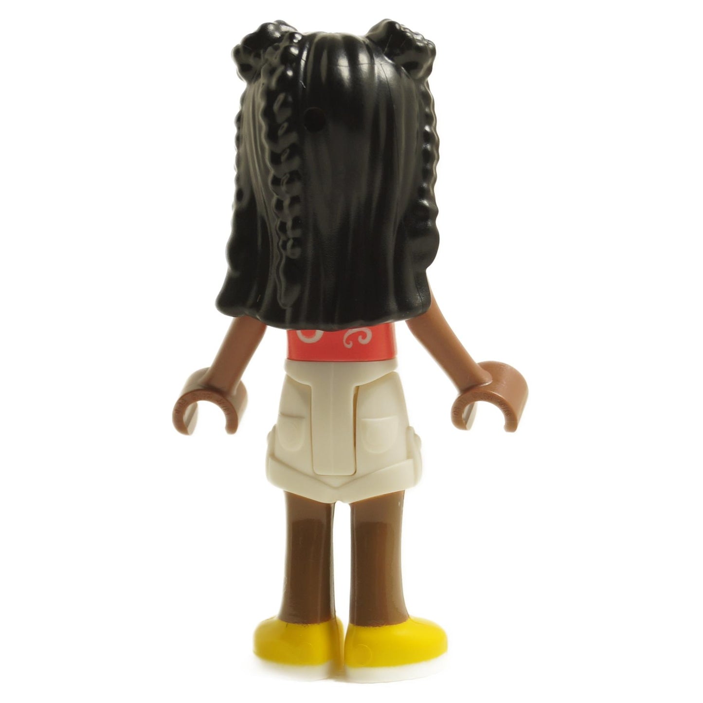 Back view of LEGO® Friends Priyanka mini-doll with coral knotted blouse, white shorts, and yellow shoes
