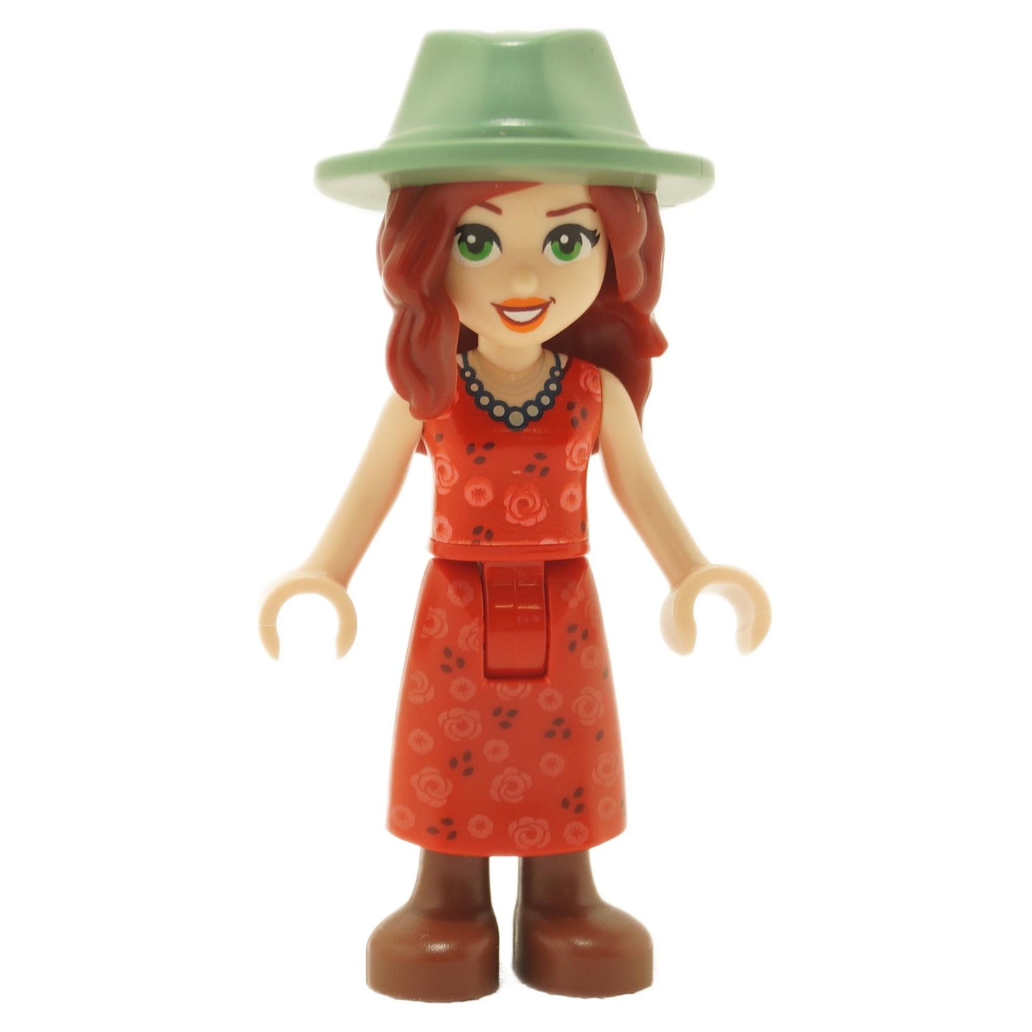 LEGO Friends Riley minifigure with red hair, wearing a floral dress and a green hat.