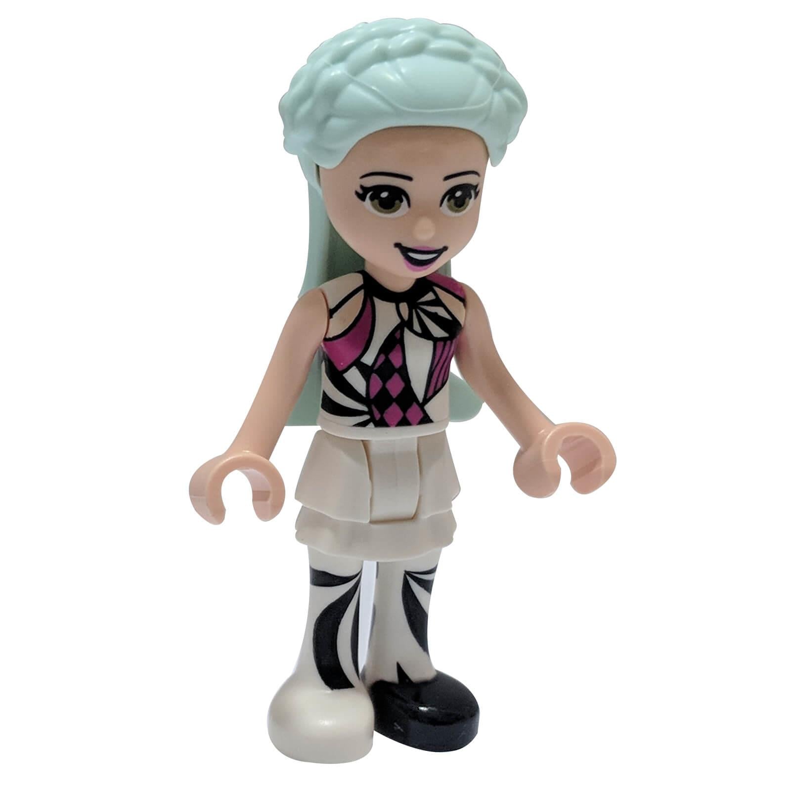 front view of LEGO Friends Stella mini doll with mint green braided hair wearing black pink and white outfit frnd0448
