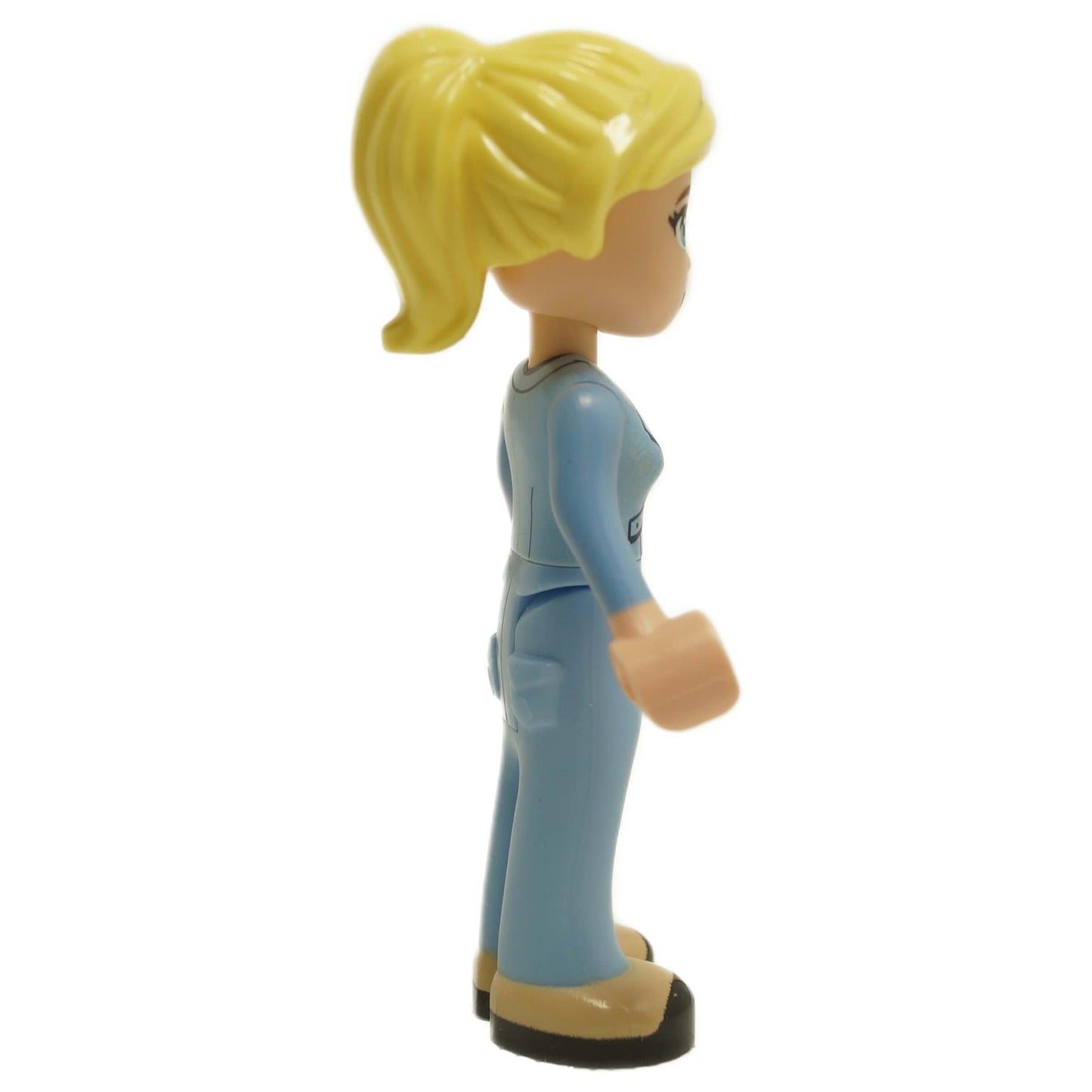 Side view of LEGO® Friends Stephanie adult mini-doll frnd632 with blonde ponytail and light blue outfit