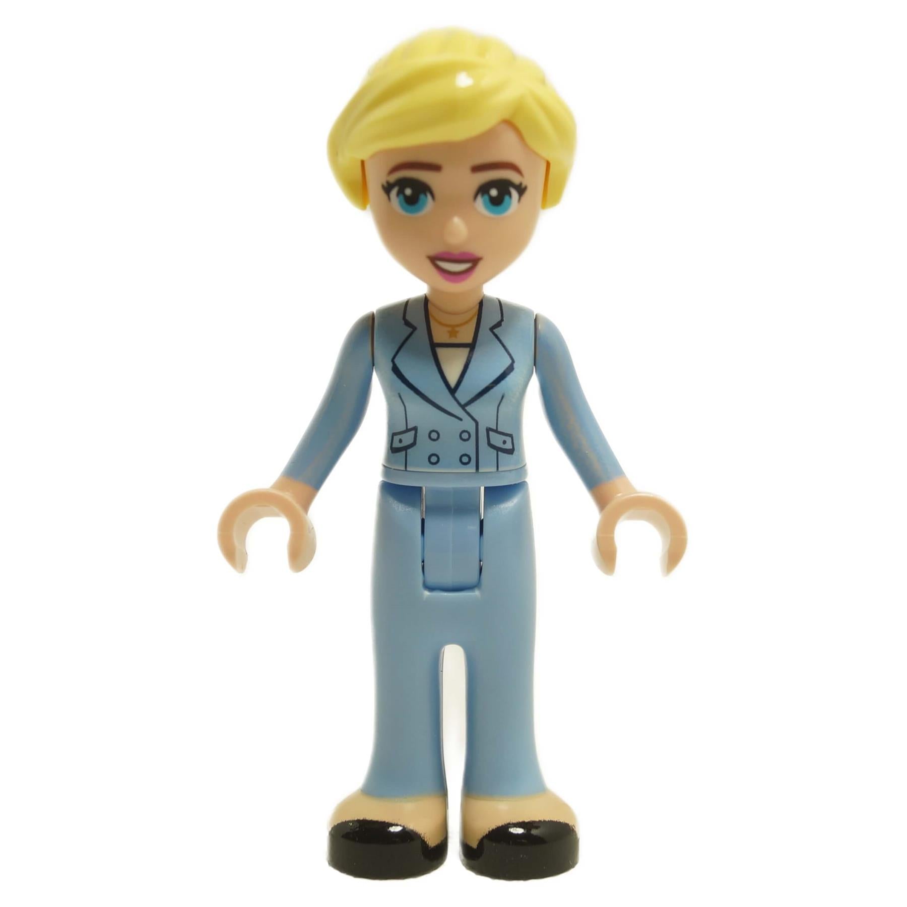 LEGO Friends Stephanie (Adult) minifigure in a bright light blue suit with pockets and buttons, and black shoes.