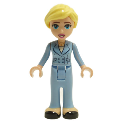 LEGO Friends Stephanie (Adult) minifigure in a bright light blue suit with pockets and buttons, and black shoes.