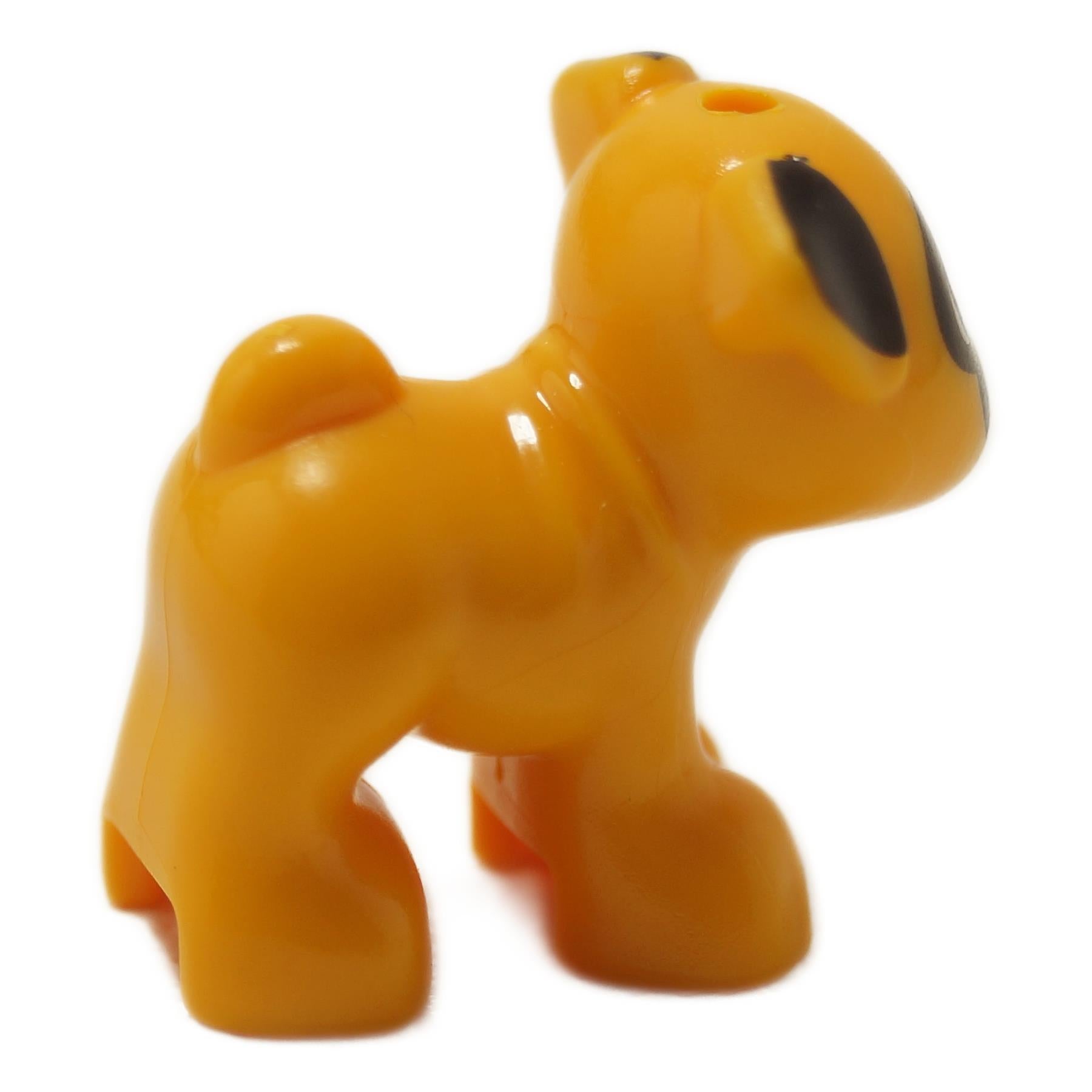 Friends style Bright light orange pug dog figure standing with black face and ears, metallic pink nose, and dark azure eyes. Back view profile .
