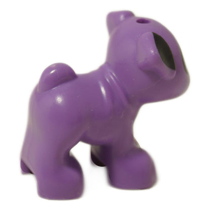 Friends style pug dog figure in medium lavender color standing with black face and ears, metallic pink nose, and dark azure eyes. Back profile view

