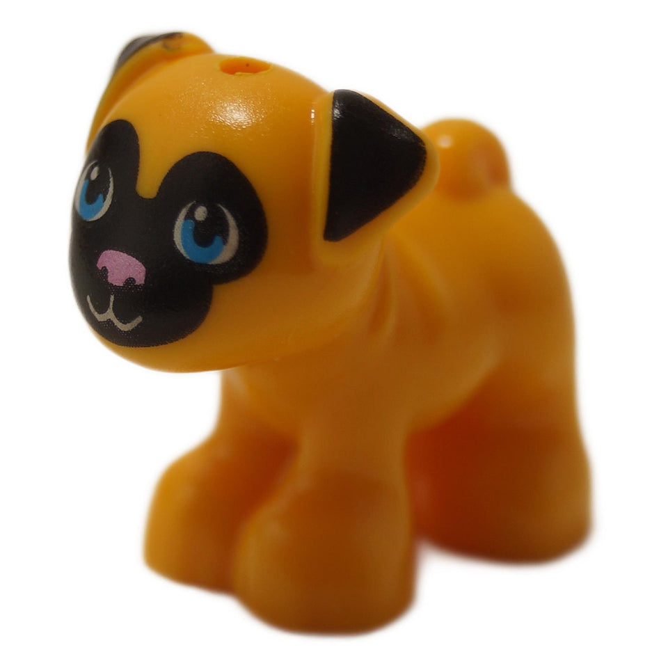 Friends style Bright light orange pug dog figure standing with black face and ears, metallic pink nose, and dark azure eyes
