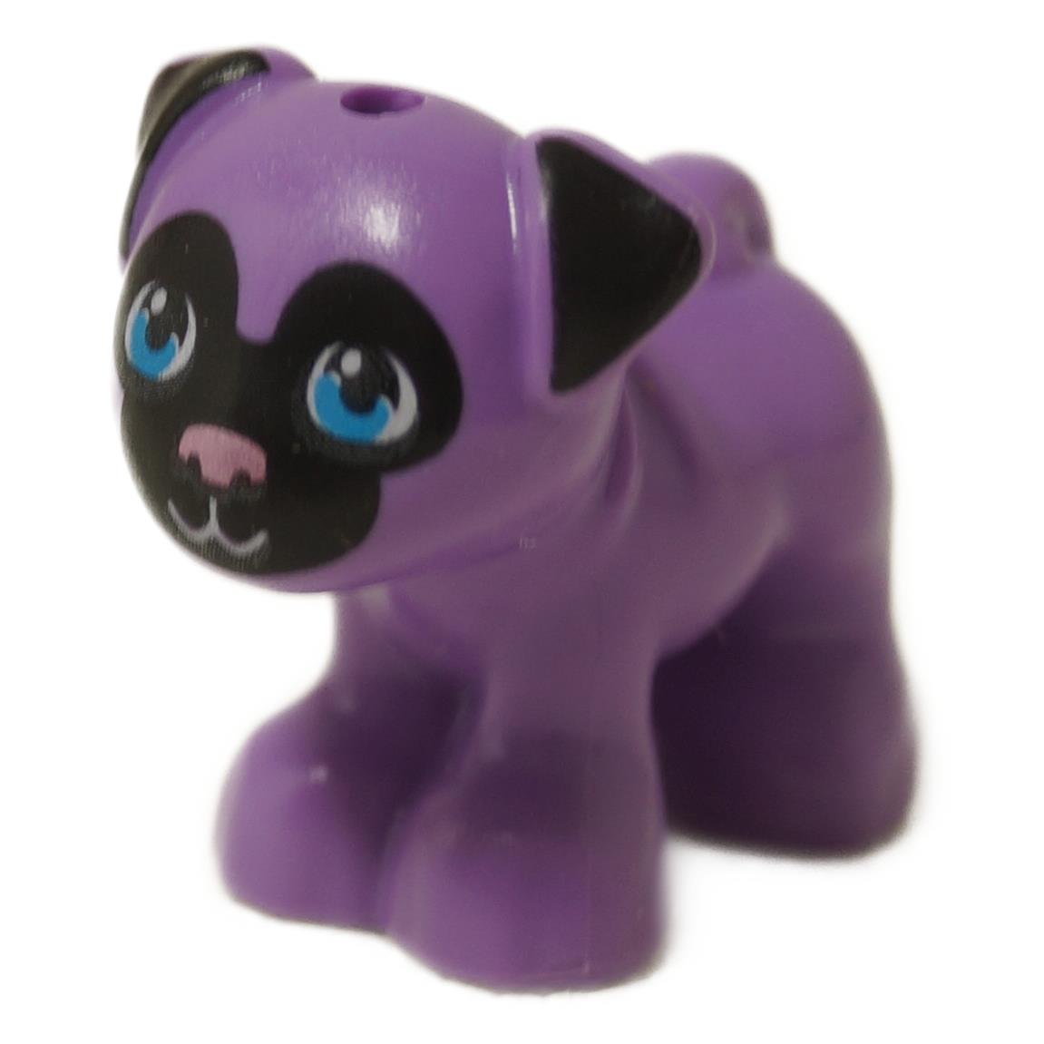 Friends style in medium lavender color   pug dog figure standing with black face and ears, metallic pink nose, and dark azure eyes
