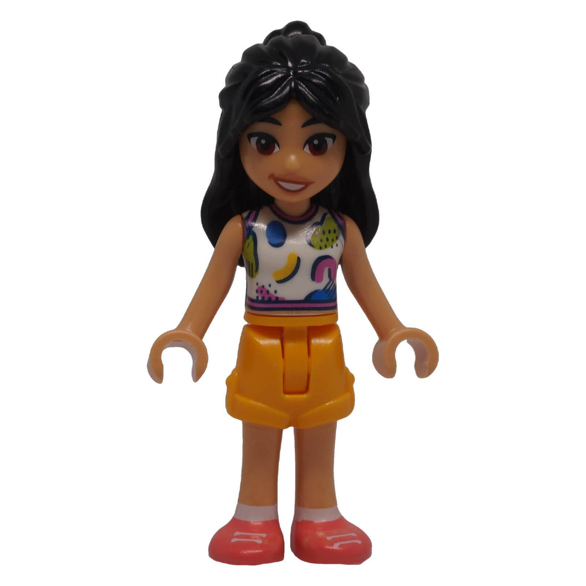 LEGO® Friends Liann frnd0776 mini-doll front view with white colourful top, orange shorts and coral shoes